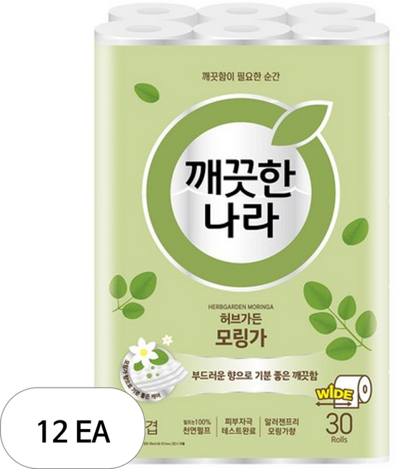 깨끗한나라 허브가든 모링가 3겹 천연펄프 화장지, 30m, 30개입, 12개