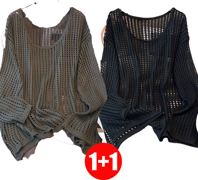 지고다그 1+1 여성 여름 루즈핏 시스루 니트 긴팔 라운드넥 썸머 이너 레이어드 티셔츠 ZK15267