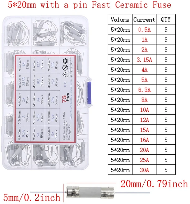 12V-250V 납선 믹스 키트가 있는 느린 고속 유리 퓨즈 0.1A 0.25A 0.5A 1A 2A 2.5A 3A 3.15A 4A 5A 6A 6.3, [09] 5x20mm 0.5A-25A, 1개