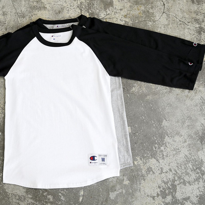 Champion 美版七分袖 Raglan Baseball T-Shirt, 灰底黑袖S, 灰底黑袖, S