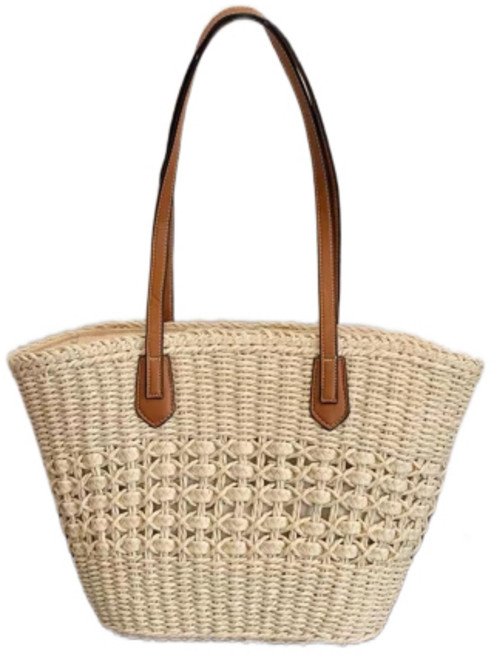 韓系編織托特包 草編肩背包, 米白色