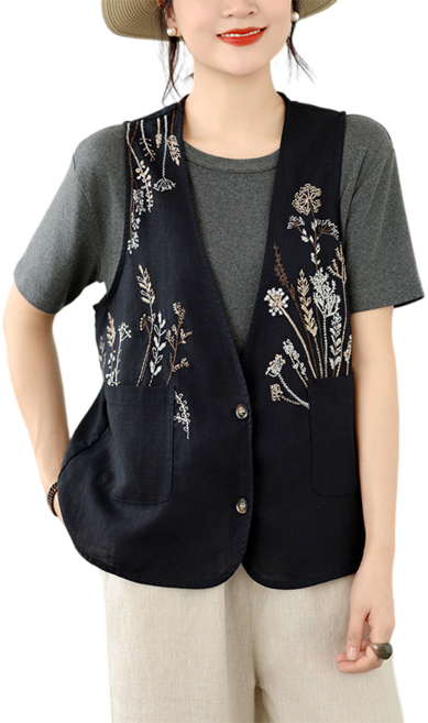 여성 개량복장 린넨 자수 플라워 베스트 민소매 재킷 Women's vest