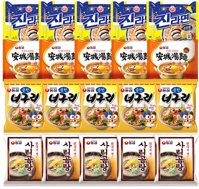 순한라면 기획팩 (안성탕면5P + 진라면순한5P + 순한너구리5P + 사리곰탕5P), 20개