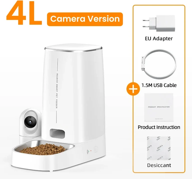 ROJECO 4L 자동 고양이 피더 카메라 비디오 음식 디스펜서 WIFI 애완 스마트 호출 개, 1개, 01 With EU Plug