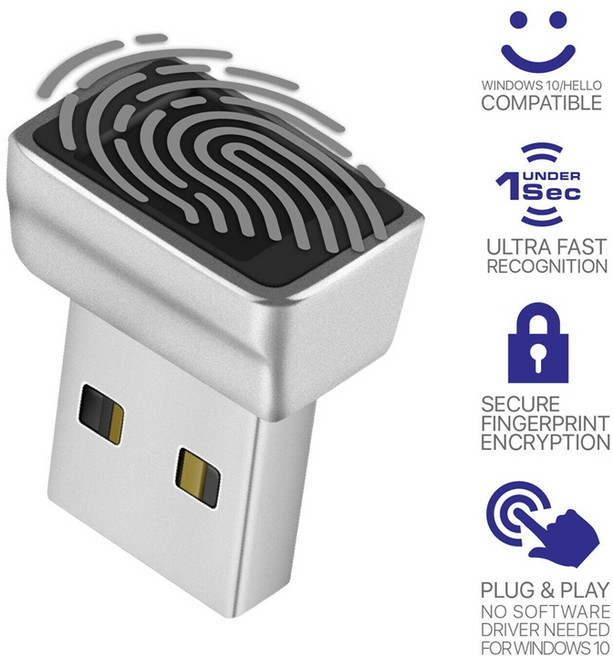 Windows 10 Hello 용 USB 지문 인식기 노트북 및 PC 용 생체 인식 스캐너, Silver, 은, 하나