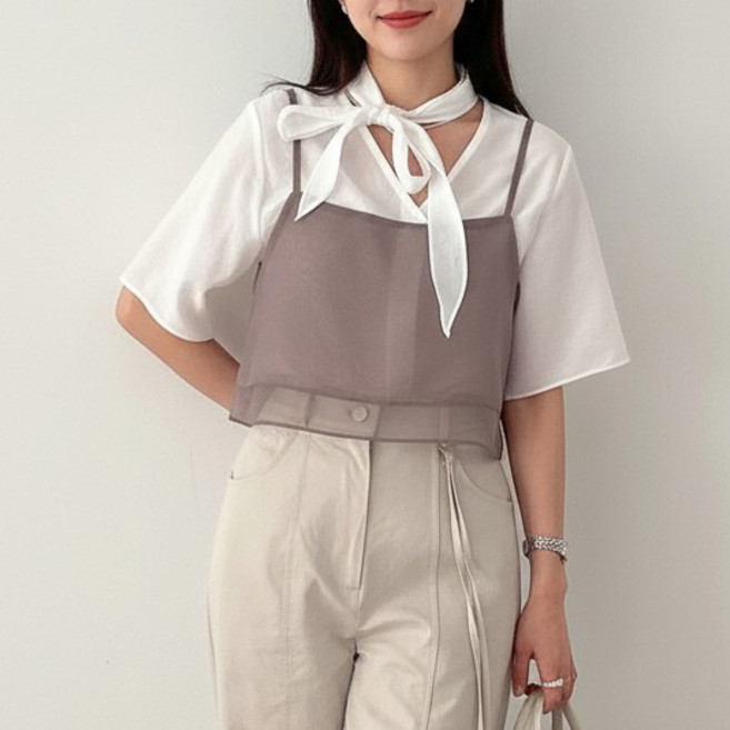 히또리 T5015 이중 시스루 뷔스티에 블라우스 크롭 나시