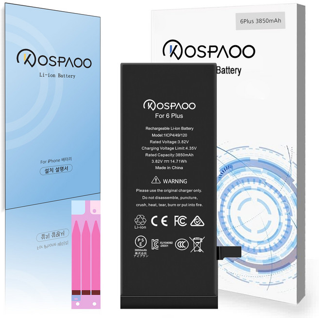 For iPhone 6 Plus 배터리 대용량3850mAh 증가 폭32.1% 616-0770배터리 한국어 설명서 KC인증 Li-ion Battery (No Tool), 분해 도구 없음