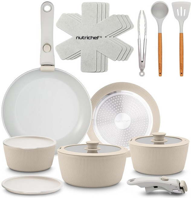 분리 가능한 손잡이 논스틱 냄비 및 팬 PTFE 프리 천연 세라믹 코팅 공간 절약 디자인 오븐 스토브 NutriChef 18피스 조리기구 세트 식기류 크림, Cream