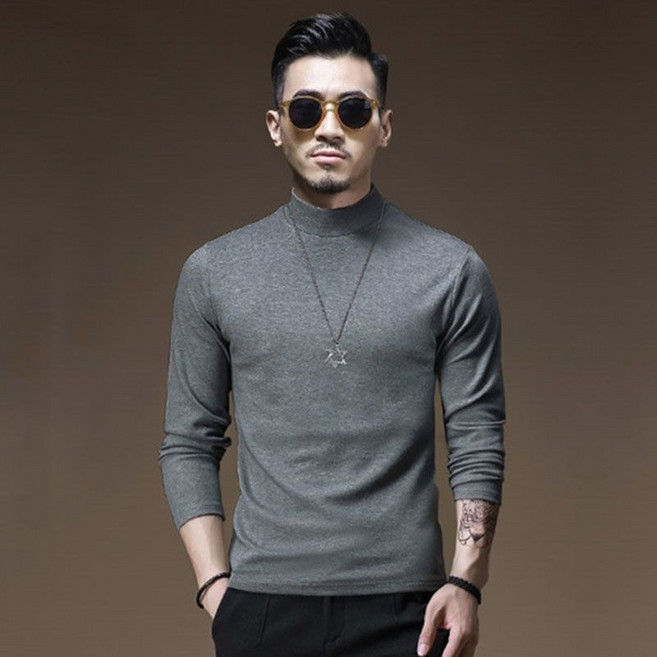 AOKADA 봄 가을 남성 모달 얇은 무지 슬림 반폴라 티셔츠