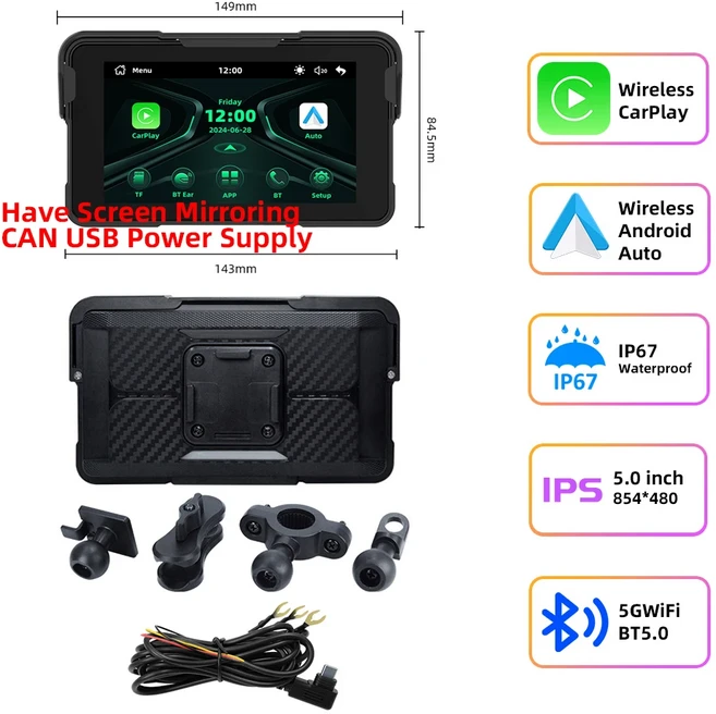 EKIY 5인치 오토바이 무선 카플레이 안드로이드 스크린 미러링 모터바이크 GPS 내비게이션 BT 5.0 타입 C, 03 M11C, 01 무, 01 China Mainland, 1