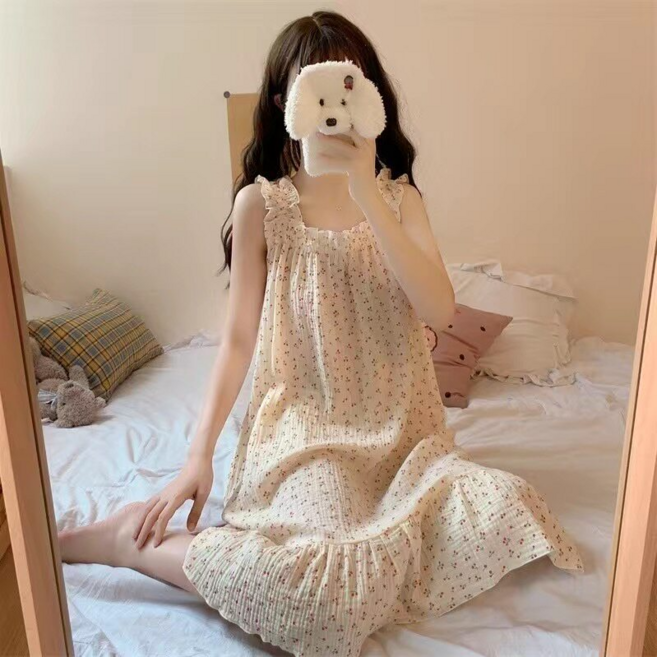 韓版純棉吊帶背心睡裙女中長版夏天薄款可愛睡衣
