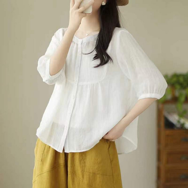 해피유통 여자 여름 빈티지 모시 벌룬소매 블라우스 얇은 셔츠 캐주얼 루즈핏 면마 가디건 쿨 블라우스 SHM003