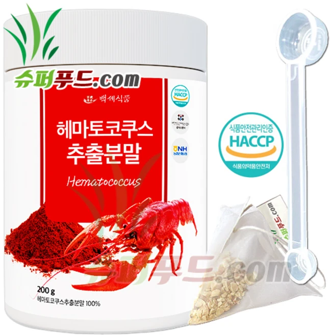 HACCP식약처인증 헤마토코쿠스추출분말100% 헤마토코쿠스 추출분말 +슈퍼푸드.com연자육티백, 201g, 1세트 - 쿠팡