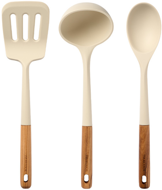 트루쿡 이탈리아산 올리브 실리콘 조리도구 3종 세트, 1세트, 베이지, 뒤집개 + 국자 + 서빙스푼