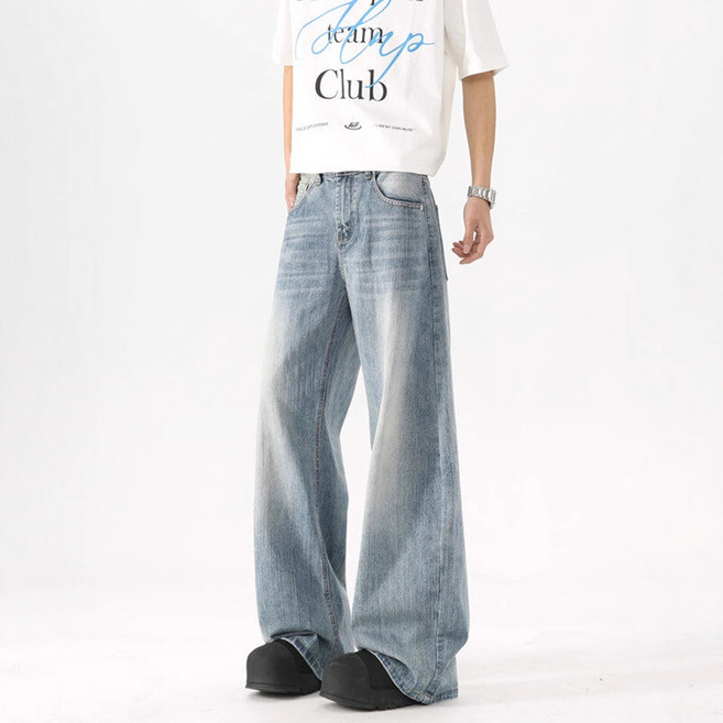 【高街百搭】闊腿牛仔褲 牛仔褲 闊腿褲 休閒褲 水洗藍 美式寬鬆 夏季薄款 潮牌男褲 垂感拖地長褲