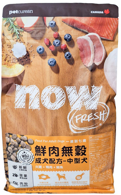now FRESH 成犬配方 鮮肉無穀天然糧 成犬/中型犬適用, 火雞 + 鴨肉 + 鮭魚, 3.5lb, 1包