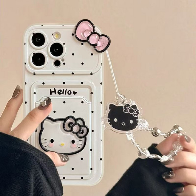 입체 키티 리본 아이폰16프로케이스 카드 지갑 + 입체리본 키티핸드폰줄