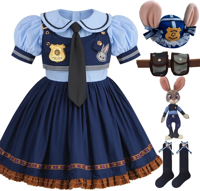 주디 코스프레 의상 어린이 카니발 파티 드레스 소녀 넥타이 머리 장식 벨트 양말 경찰 역할 놀이 영화 유, 03 100cm, 03 Judy Dress D