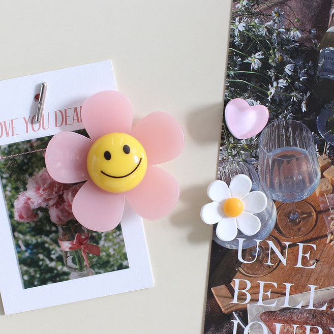 야광 빅핑크스마일꽃 3P set 냉장고 현관문 인테리어 사무실 자석 작지만 강력한 귀여운 마그넷, 세트