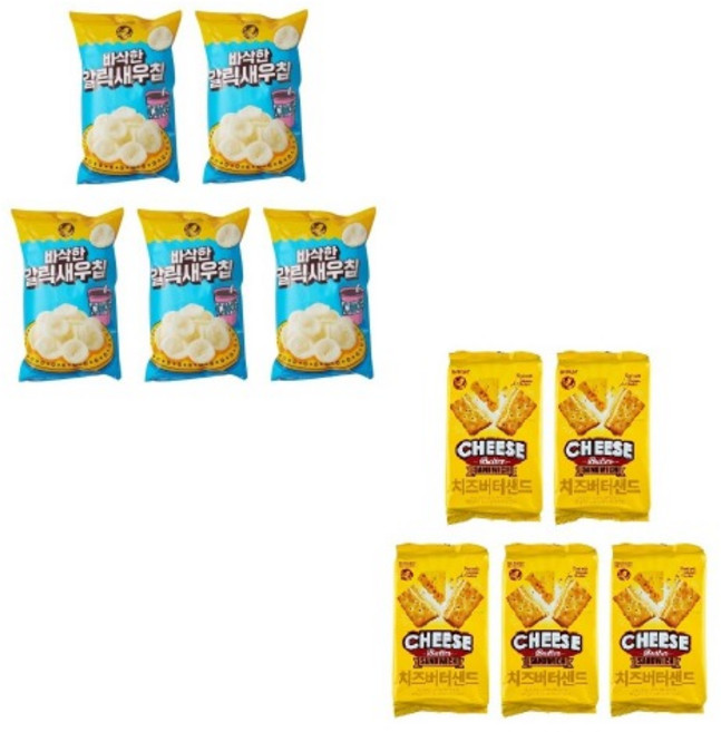 노브랜드 바삭한 갈릭새우칩 155g x5개 + 치즈버터샌드 190g x5개 학교 사무실 탕비실 간식 과자 티타임