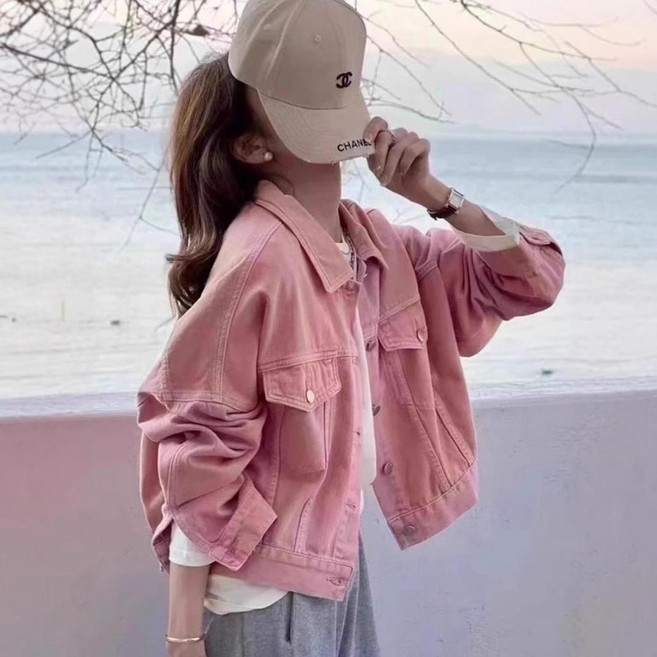 粉色牛仔外套女 短款百搭