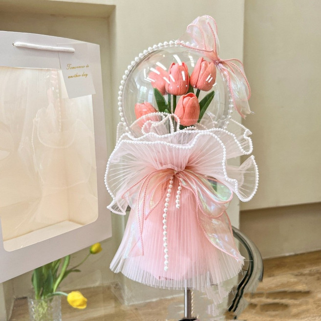 지구별 꽃다발 튤립 LED 플라워 볼 선물용+ 쇼핑백 세트, 피치, 1개