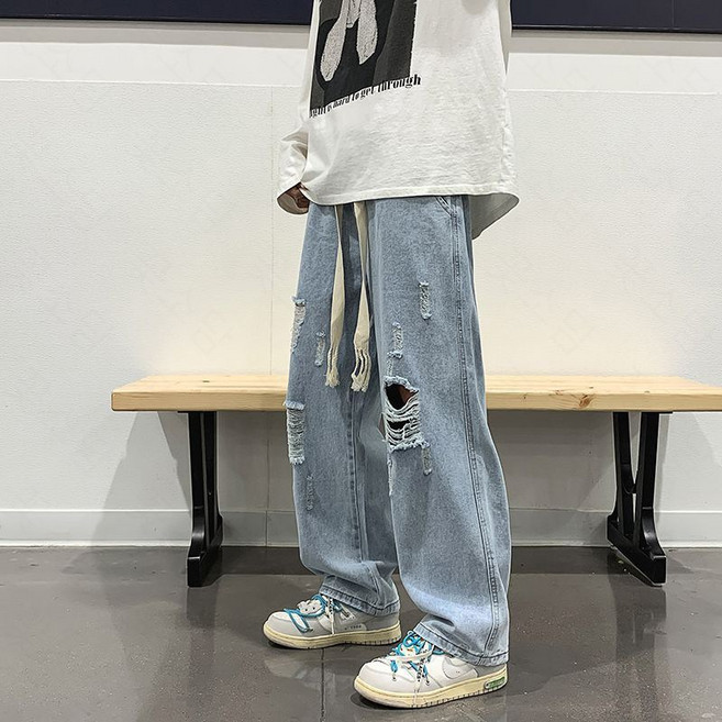 꽃소담 남녀공용 허리밴딩 디스트로이드 와이드 데님팬츠 커플용 찢어진 청바지 MQ333