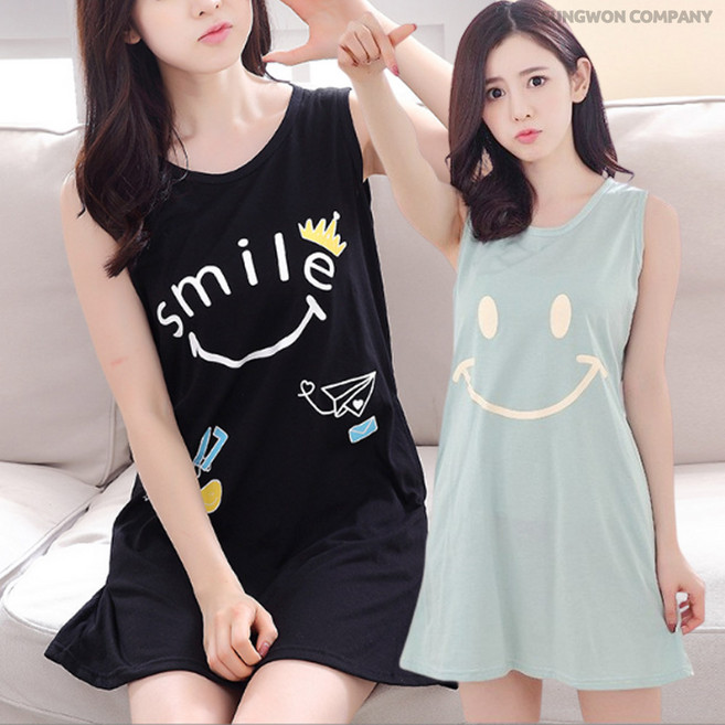 이너퀸 프리수 여성용 빅사이즈 스마일 레터링 민소매 나시 미니 숏 원피스 잠옷 홈웨어 이지웨어 미니나시원피스