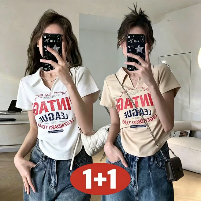 여성 여름 [1+1] 초특가 레터링 프린트 크롭 섹시 루즈핏 반팔 티셔츠
