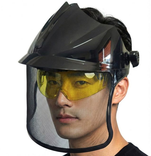 철망 보안면 안면 보호구 얼굴 보호대 맨머리형 벌초 예초기 제초 작업 2중 보안경, 블랙노랑혼합, 1개