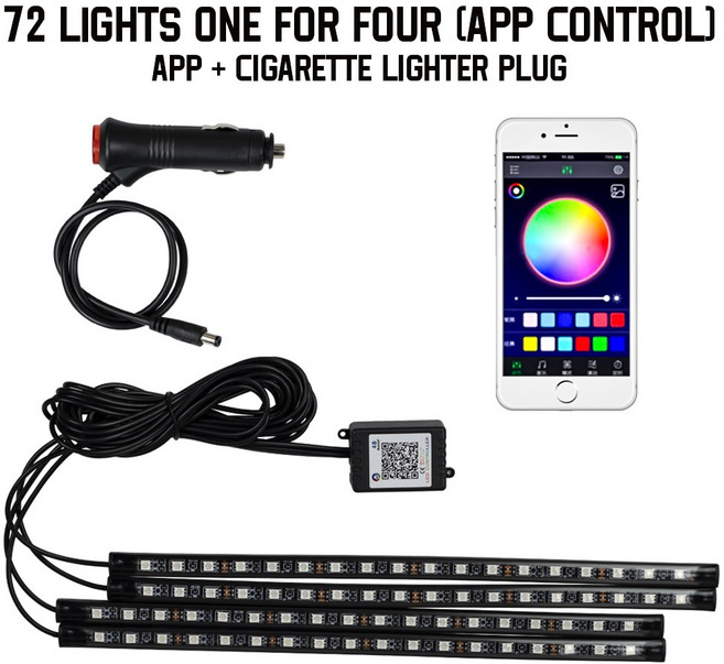 LED 자동차 인테리어 RGB 네온 무선 USB 음악 72 램프 자동 원격 장식 제어 앰비언트 48 라이트 분위기, 72LED Remote APP Cig