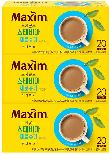 맥심 모카골드 스테비아 제로슈거 커피믹스, 11.5g, 3개, 20개입