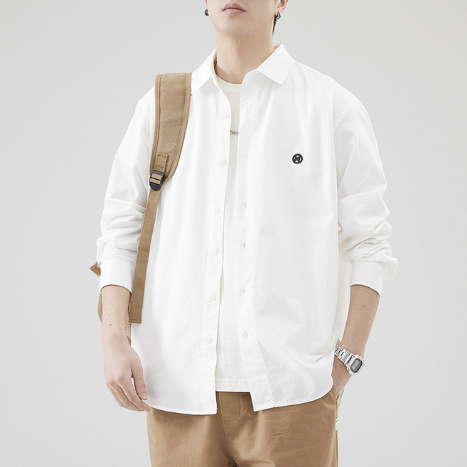 秋季純棉簡約高級感長袖襯衫男寬鬆大碼休閒翻領襯衣ins刺繡外套