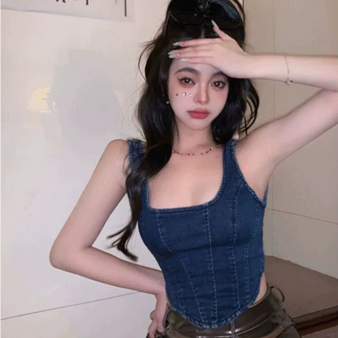뷔스티에 조끼 데님 튜브탑 여름 캐주얼 베스트 민소매 끈나시 크롭