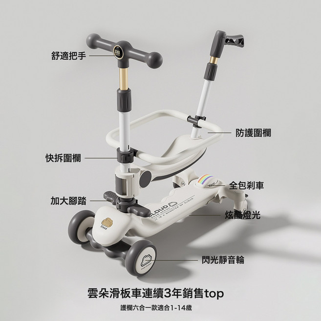 DIU 滑板車兒童1-3-6-18歲男女寶寶三合一可坐可騎摺疊小孩溜溜踏板車, 1個, 黑色【高配款】護欄+推把+音樂