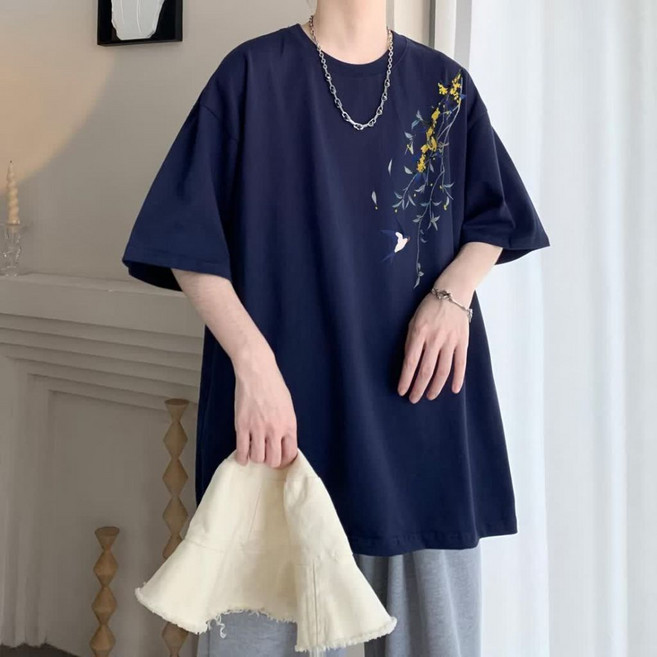 新中式國風梅花鳥刺繡短袖T恤男 夏季透氣寬鬆大尺碼上衣