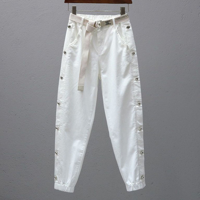 ROYALBELLE 여성 허리밴딩 포켓 디테일 사이드 버튼 장식 조거 스타일 캐주얼 롱 배기팬츠 T06021014