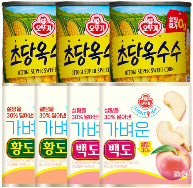 LIGHTJOY 가벼운 황도 + LIGHTJOY 가벼운 백도 + 초당옥수수캔, 3개, 280g