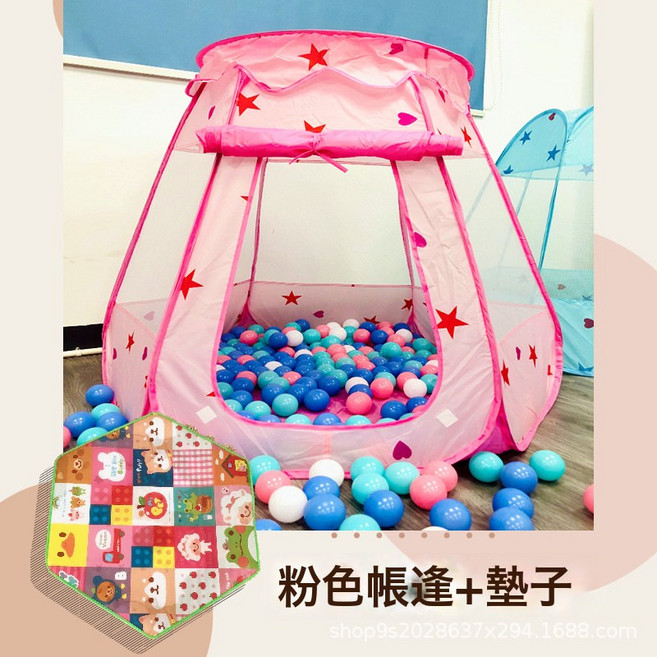 兒童海洋球池室內外可摺疊兒童帳篷男女孩公主星星帳篷遊戲屋玩具, 1個, 粉色六面星星球池帳篷 墊子