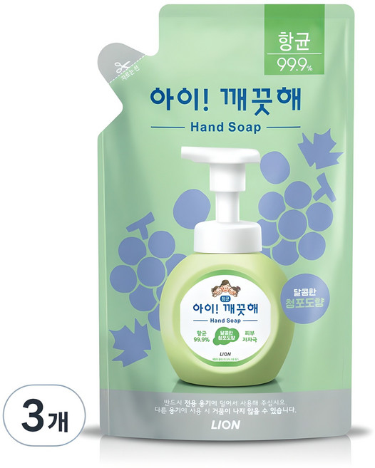 아이깨끗해 항균 폼 핸드솝 리필형 청포도, 200ml, 3개