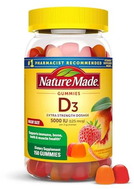 Nature Made 네이처메이드 비타민 D3 5000 IU 125mcg 젤리 150개, 150 Count (Pack of 1), 1개 - 쿠팡