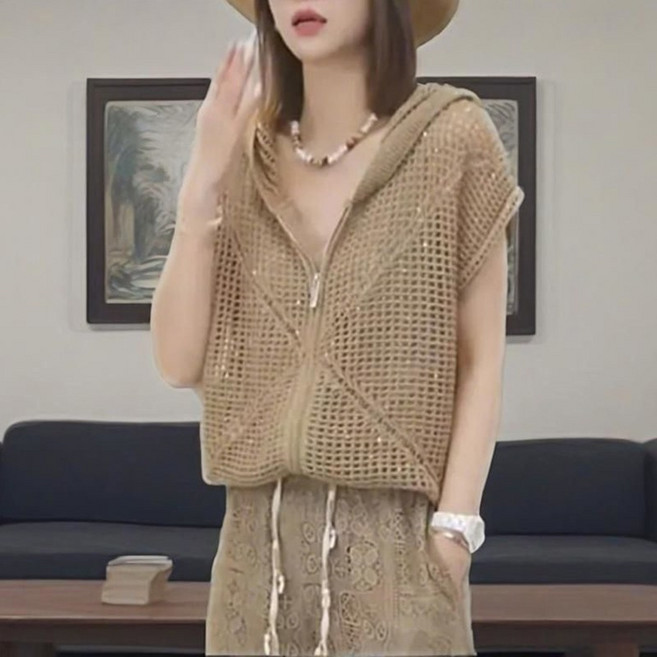 패션 후드 반팔 집업 펀칭 니트 가디건 여름 시원한 루즈핏 여성 상의 빅사이즈