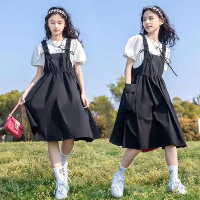 블랙멜빵 원피스+티셔츠(S)