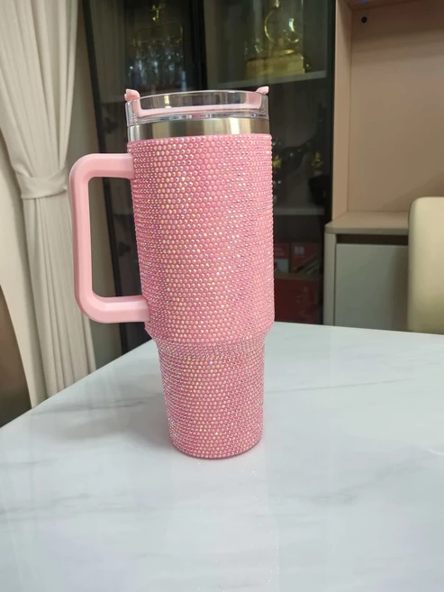 40온스 다이아몬드 장식 차량용 스포츠 사무실 빨대컵 스테인리스 스틸 여행용 물병 (성인용), 01 pink