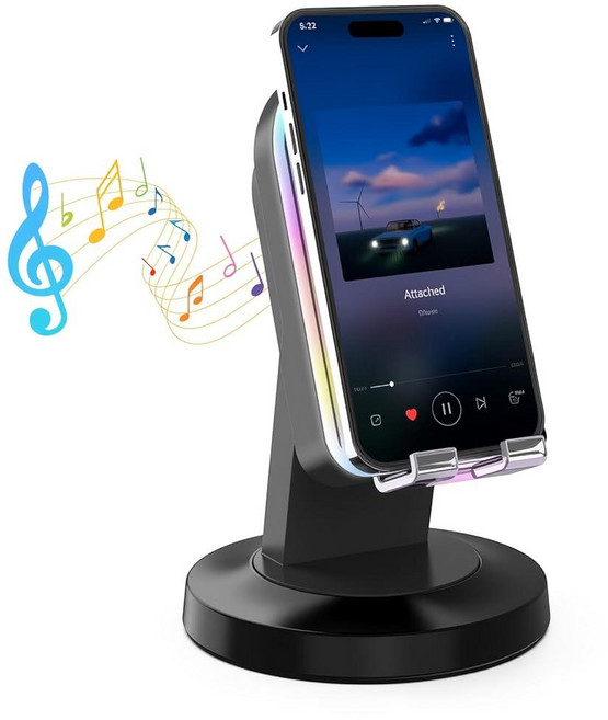 무선 인덕션 스피커 5-in-1 블루투스 스피커 휴대폰 홀더 서라운드 사운드 3500mAh 8 RGB 주변 조명 360° 조절 가능한 스탠드 아이폰/안드로이드/아이, 블랙