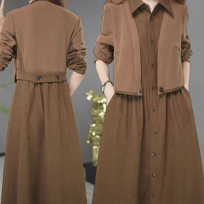 간절기 루즈핏 카라원피스 니트패치 레이어드 플레어 롱원피스 중년여성의류 40대50대할인