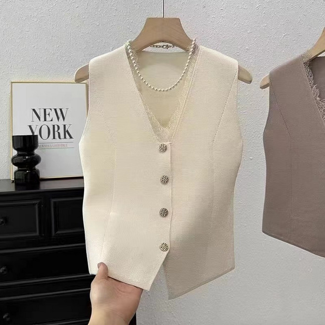 蕾絲拼接V領針織衫 無袖修身法式馬甲