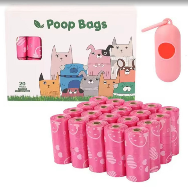 Poop Bags 강아지 딸기 향기 배변봉투 생분해 20롤 (300개입) 대용량 + 케이스 강력 내구성, 300개, 20개입, 핑크