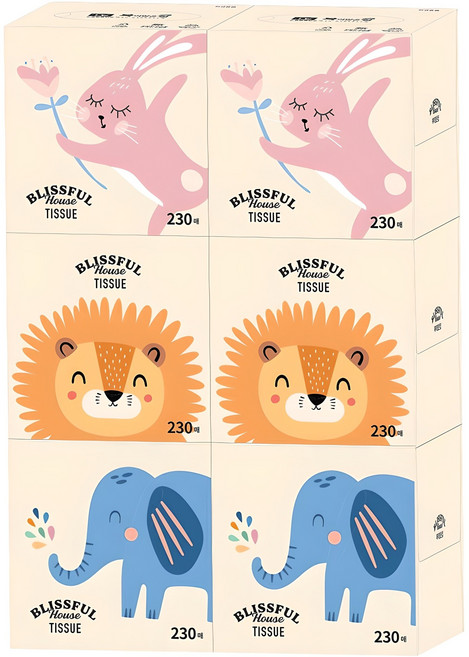 복이많은집 천연펄프 미니 미용티슈 2겹, 230매, 6개