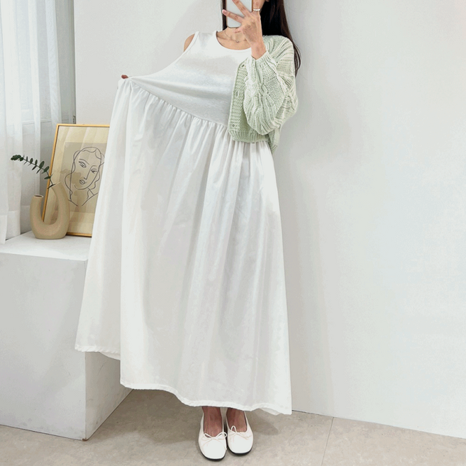 (44~88 주머니) 스판 나시 레이어드 배색 셔링 A라인 빅사이즈 뷔스티에 롱 원피스 3color